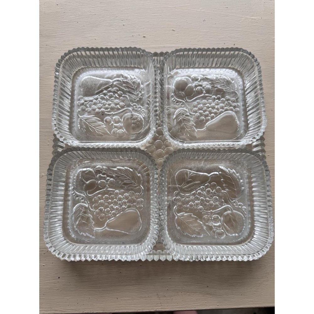 Indiana Glass Clear Fruit Embossed 8.5"  Square Tray & Four 4" Nappies Dishes
